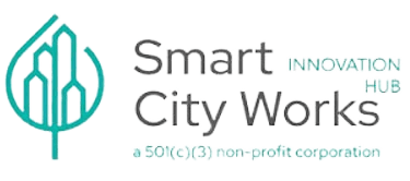 A black and white image of the words smart in a city world.