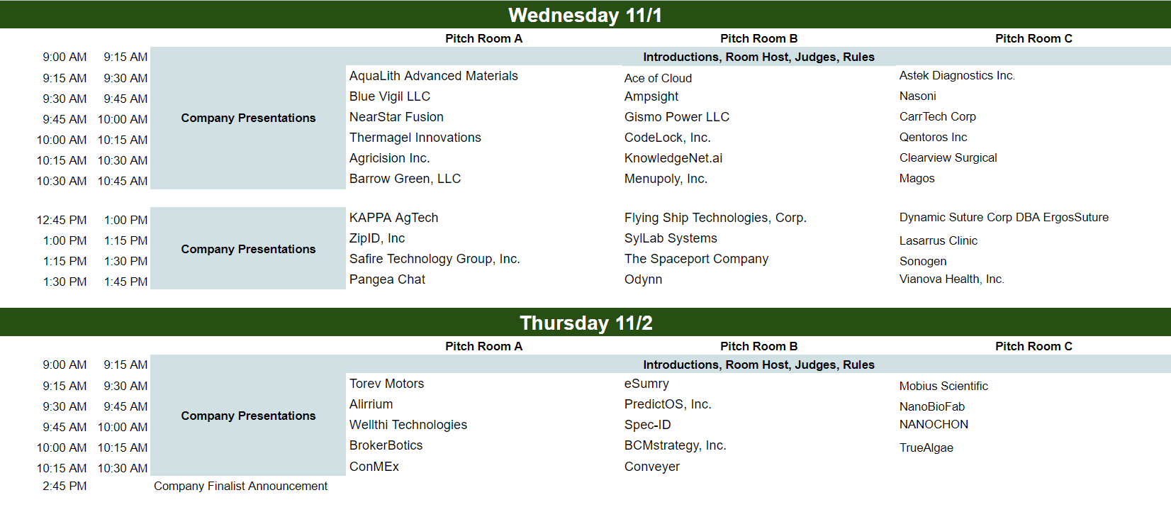 A table with two different schedules for each of the three.