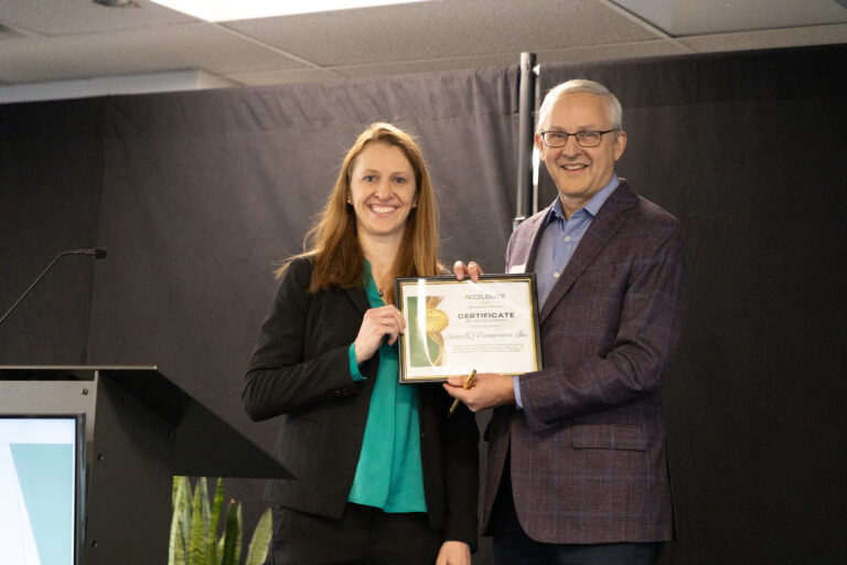 Julia Halterman PhD, Founder & CEO, SalivIQ Diagnostics, People’s Choice award, with Dave Harvey, Executive Director, January 2026